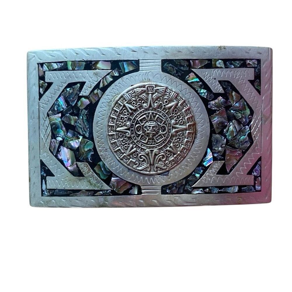 Vintage Mexican Silver And Abalone Belt Buckle Shell The Aztec Calander vtg - Picture 2 of 11